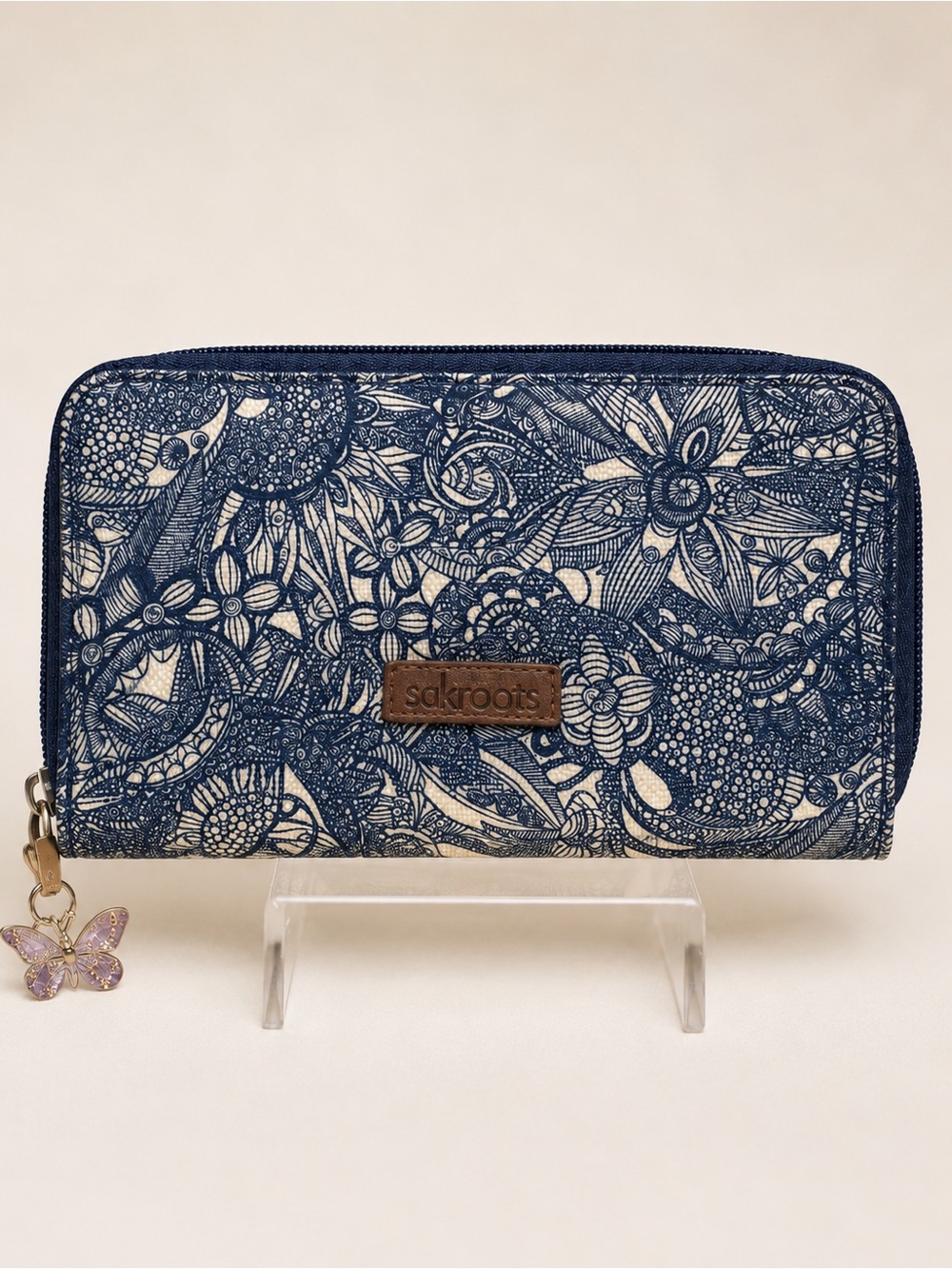 Sakroots Navy and Cream Floral Zip-Around Wallet with Butterfly Charm